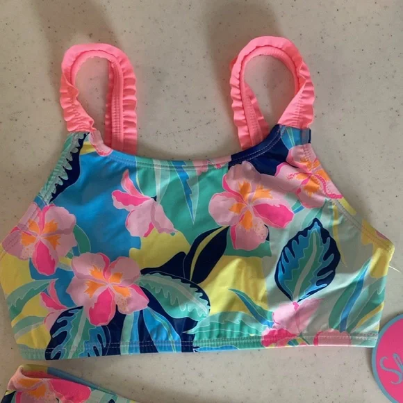 Shelloha Swimwear Girls 2-piece Swim Suit Ruffle Bright Tropical Floral UPF50+ - Picture 2 of 4
